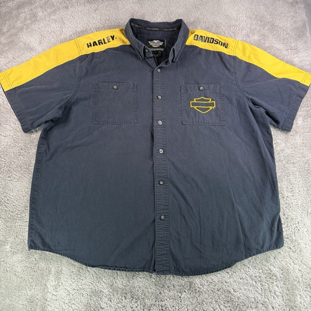 Harley Davidson Shirt Mens 2XL Blue Yellow Button Up Motorcycle 96465-11VM 2011